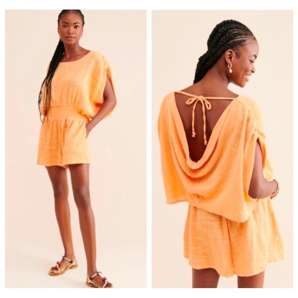 Free People Peach Pietro Tie Back Smocked Waist Cowl Back Romper Womens M